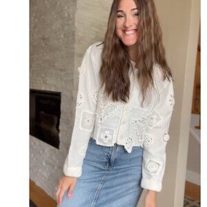 Zara Women $89 combination CONTRAST CROCHET CARDIGAN shirt White S L NWT